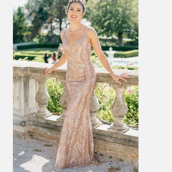 Revelry Camilla Geo Sequin Homecoming Maxi Dress in Rose Gold Women's size 6 - Picture 1 of 8
